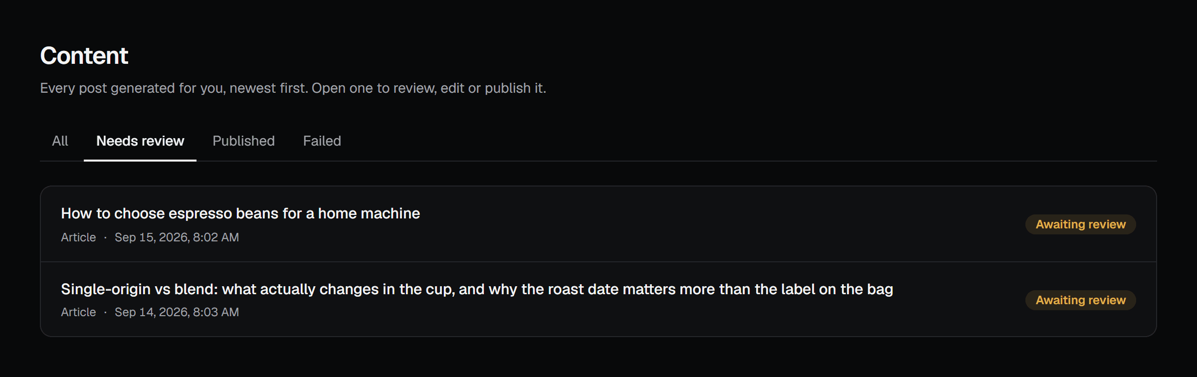 Content page listing the posts that are waiting for review.